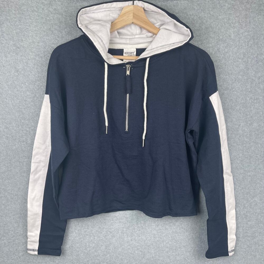 J1522 Exist Navy Blue White Stripes Cropped Hoodie Size Small